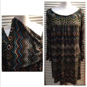 CREAM2 szXL boho pattern dress w/bell sleeves